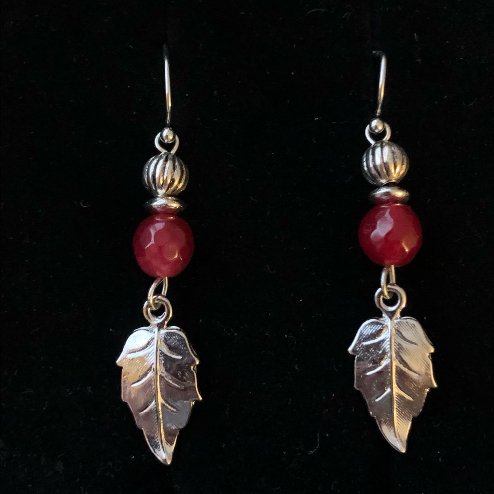 Vintage Silver Tone Leaf Drop Beaded Hook Earrings